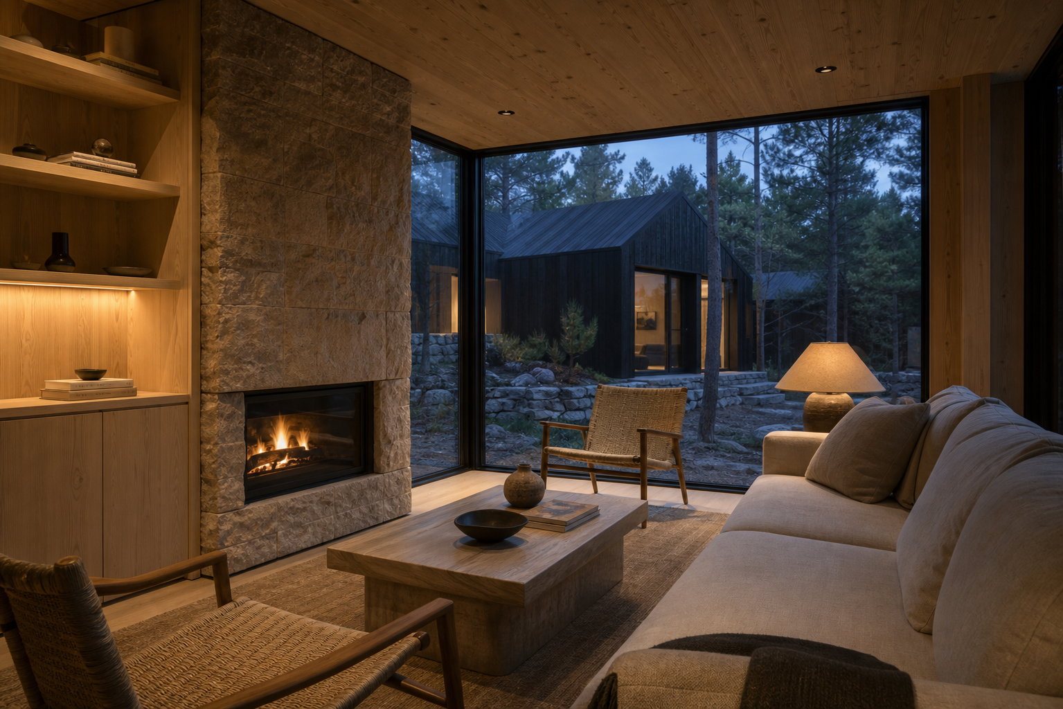 Exemple conceptual: interior de fusta càlid amb finestral cap al bosc
