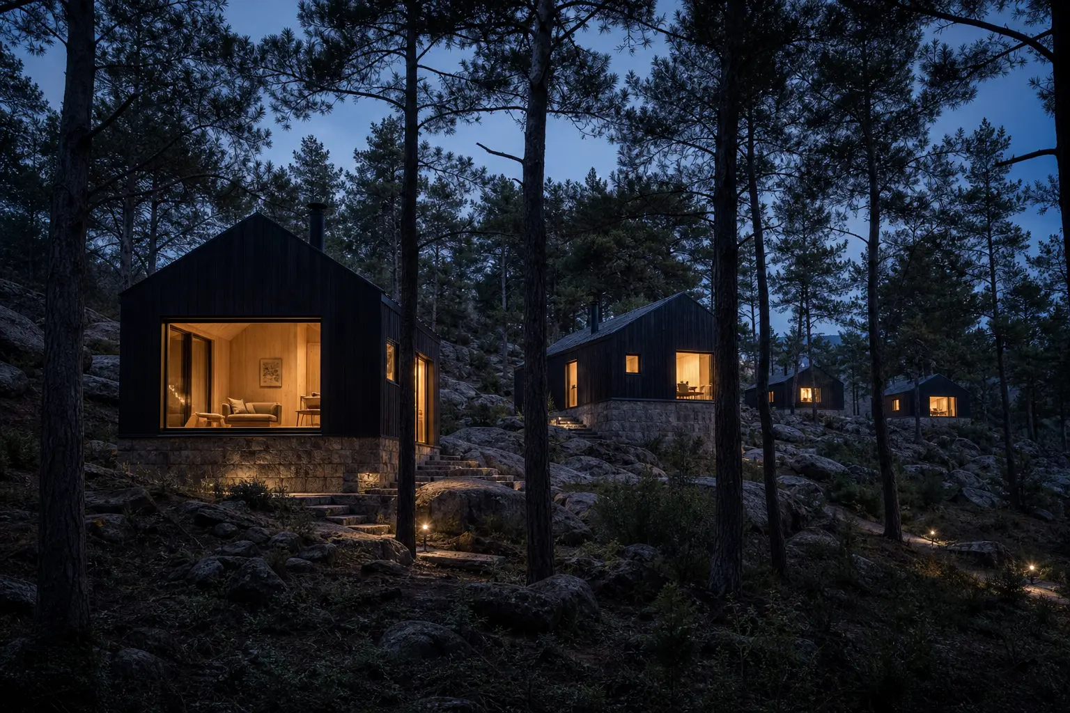Cabanes de fusta fosca entre pins a l'hora blava amb llum interior càlida i camins il·luminats.