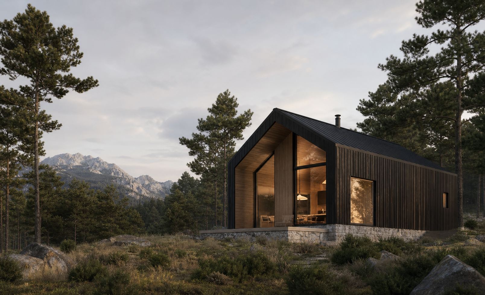 Exemple conceptual: conjunt de cabanes de fusta fosca entre pins del Pirineu