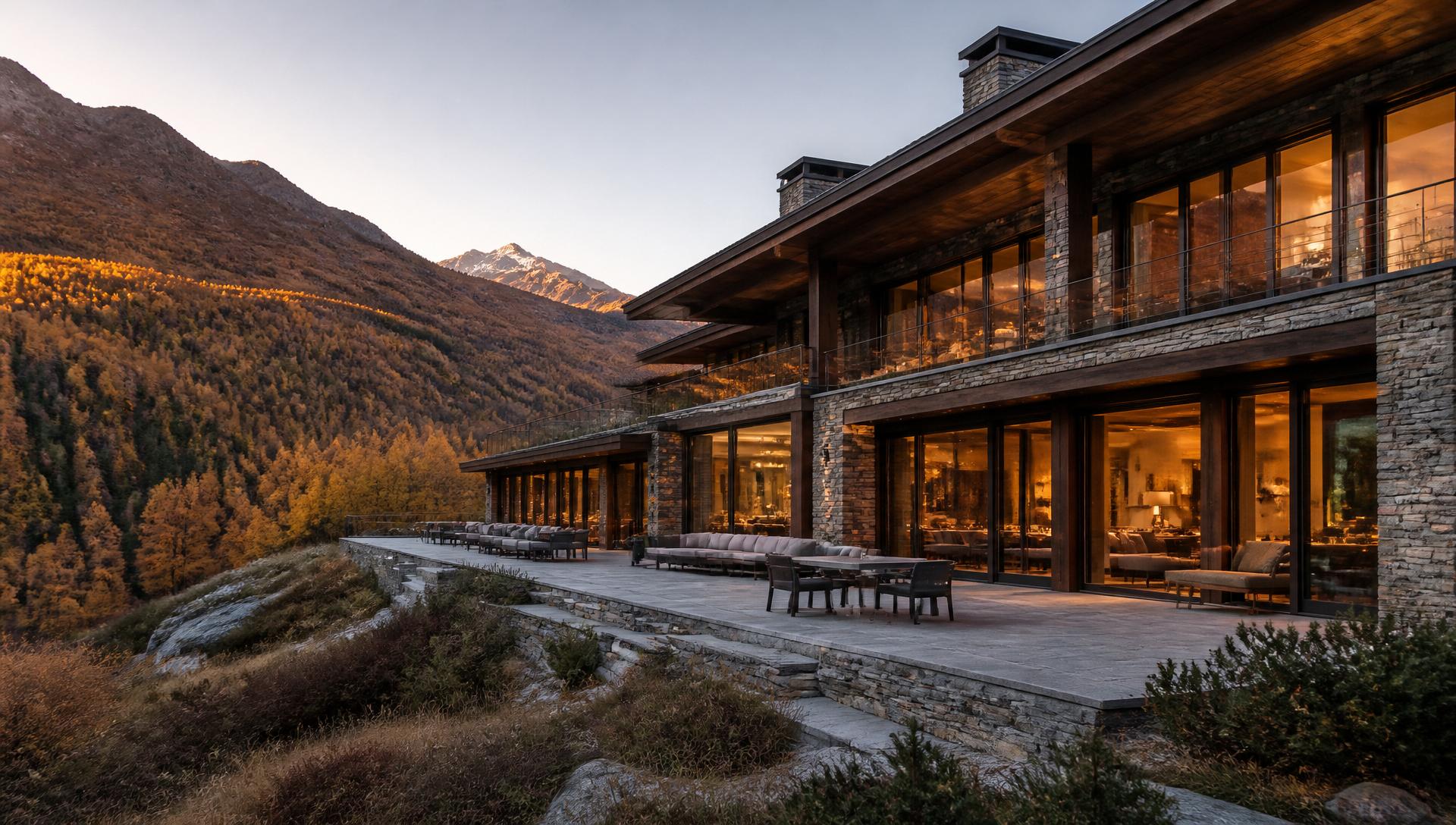 Vila contemporània de pedra i fusta a la vall pirinenca a l'hora daurada