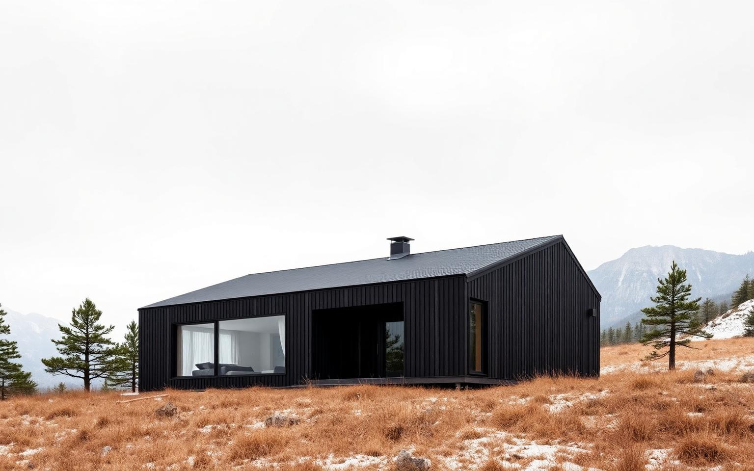 Casa contemporània d'una sola planta a la Cerdanya, volum horitzontal amb revestiment de fusta vertical fosca, mur de pedra natural i grans finestres amb fusteria metàl·lica negra, integrada al paisatge alpí.
