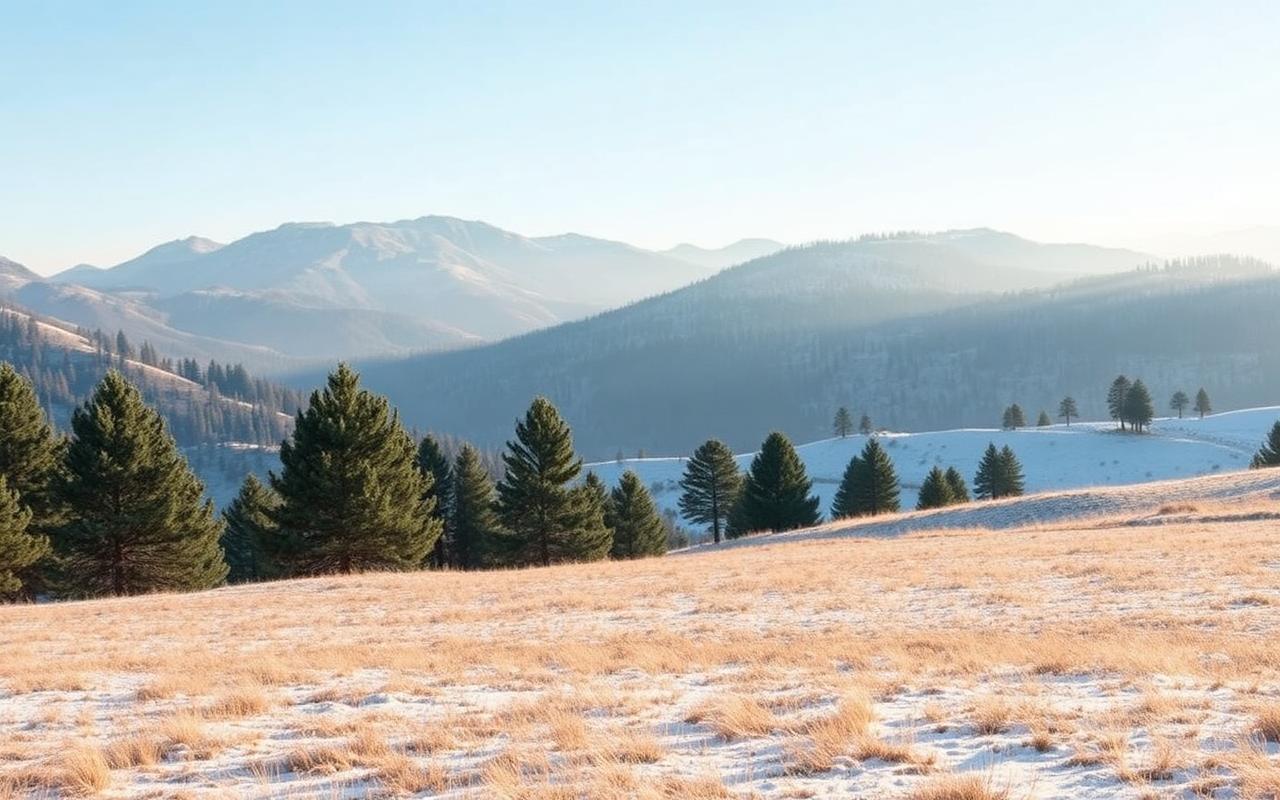 Paisatge d'hivern de la Cerdanya: muntanyes suaus, pins, herba seca i una fina capa de gebre, amb llum freda i calmada.