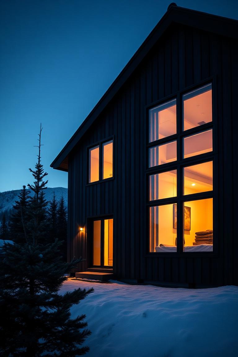 Façana de fusta fosca i fusteries negres a l'hora blava, amb llum interior càlida vista a través de grans finestres i una capa subtil de neu.