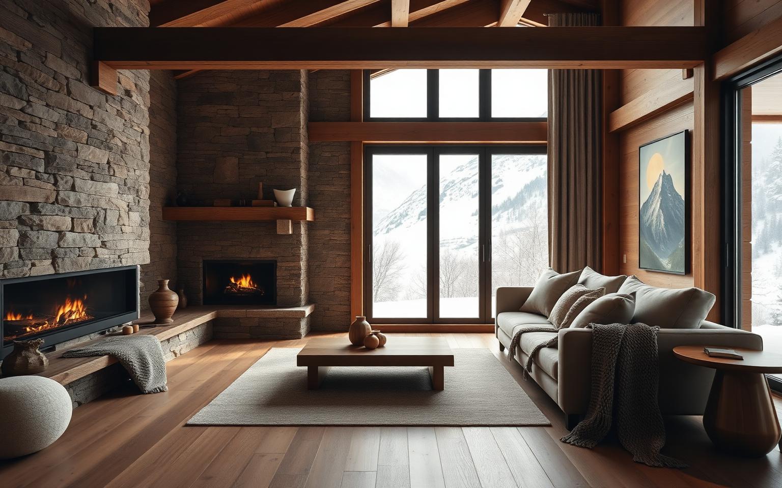 Sala d'estar minimalista de muntanya: roure natural, mur de pedra texturada, llana suau, llar de foc i un finestral que emmarca els Pirineus.