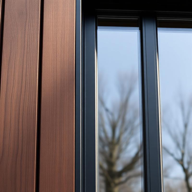 Detall constructiu: fusteria metàl·lica negra minimalista trobant fusta fosca i pedra natural, amb reflexos subtils al vidre.